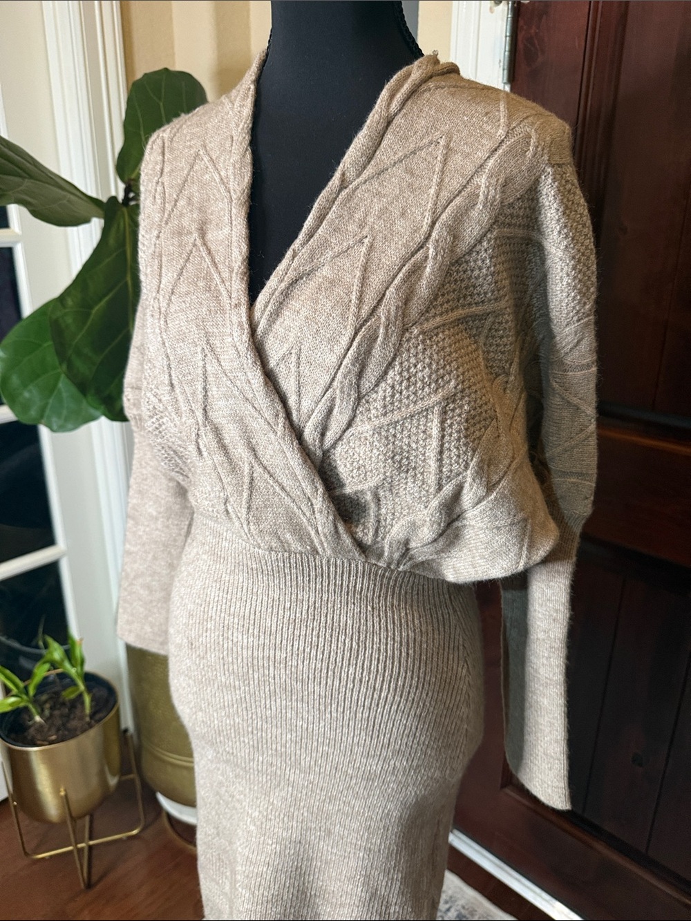 Cupshe Beige Cable-Knit Wrap Sweater Dress - Picture 3 of 9